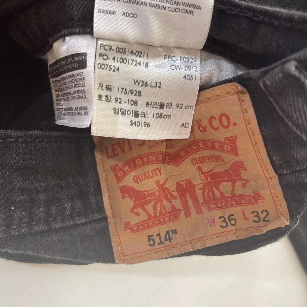 Levis 514‎ Jeans Mens 36X32 Black Straight Fit Red Tab 5 Pocket Stretch Denim